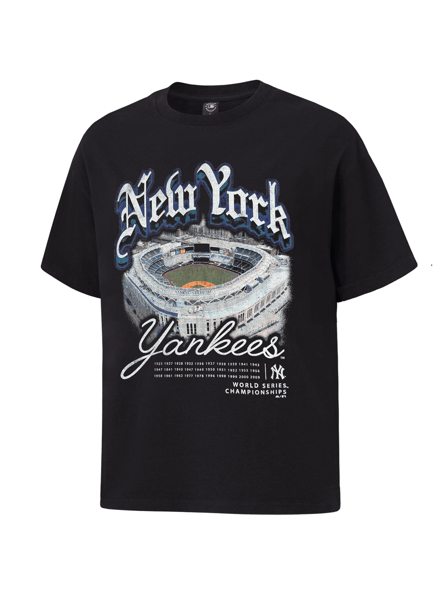 New York Yankees Majestic MLB Gothic Stadium Vintage T-Shirt - Faded Black